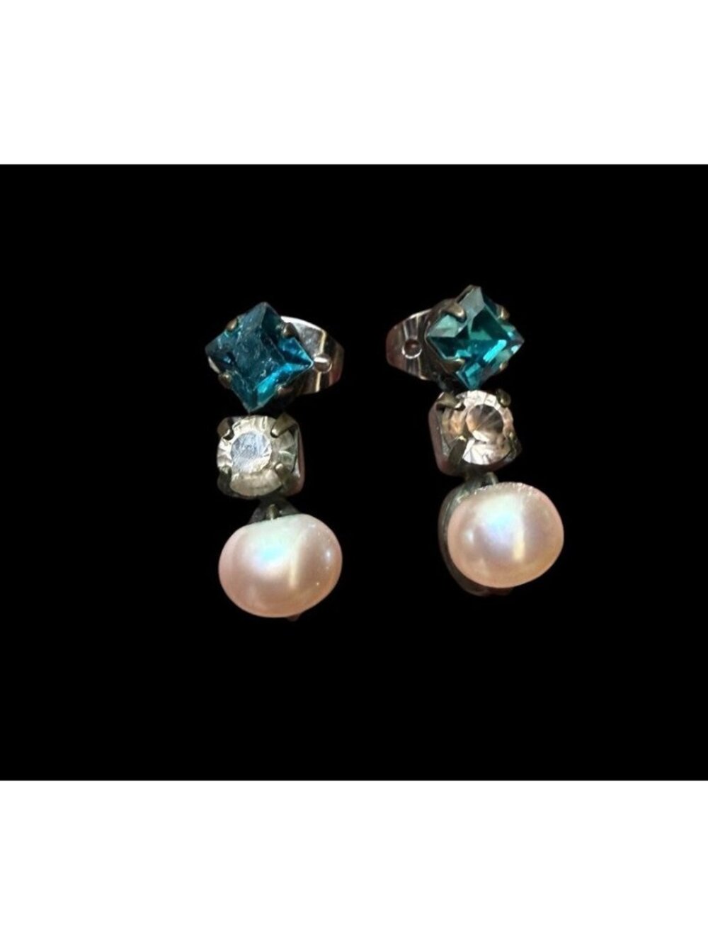 Sorrelli Signed Aqua Blue Crystal Real Freshwater Pearl Drop Post Earrings
